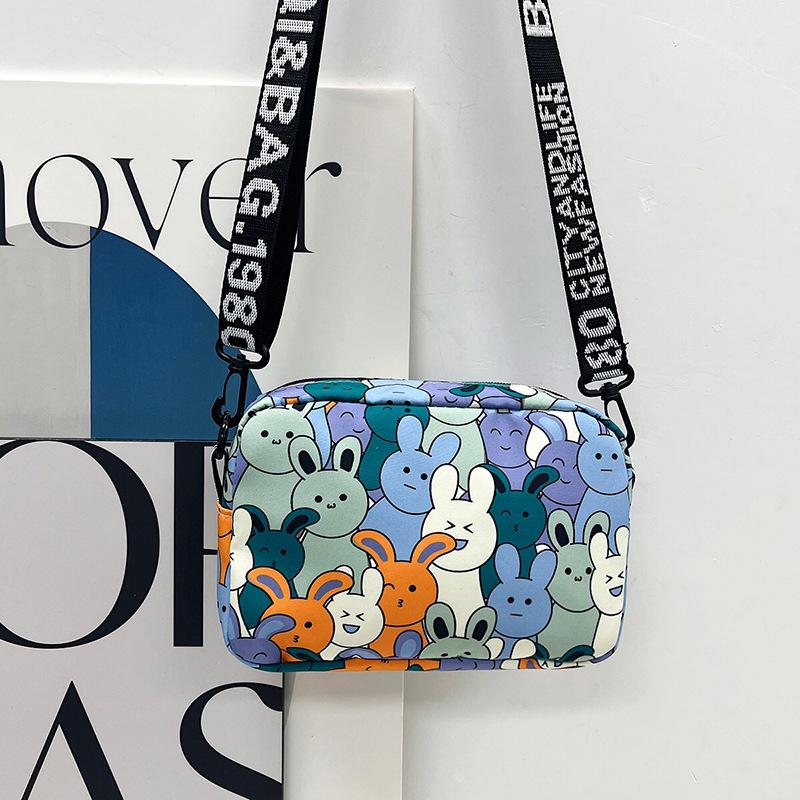 Fashion Cartoon Bunny Print Crossbody Bag with Wide Printed Strap, Casual Nylon Shoulder Purse for Daily Teens Use Wallets