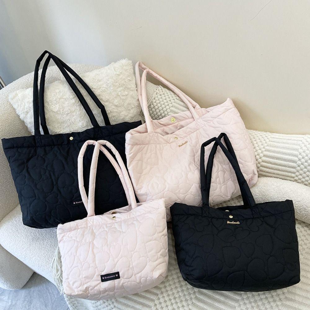 Large Capacity Heart Printed Shoulder Bag Solid Color Nylon Handbag Down Bag Autumn Winter