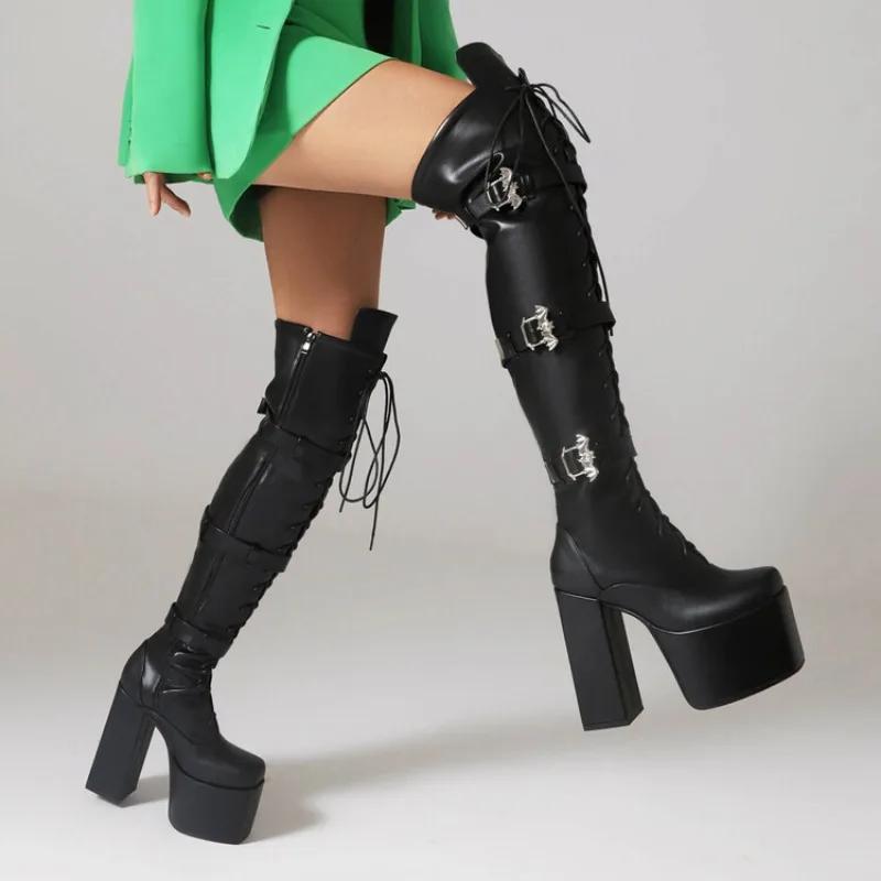 Fashion New Belt Buckle Cross Strap Elegant Black Over The Knee Boots Hot Girl Sexy Punk Style Pole Dance Fashion High Heels Shose 35-44