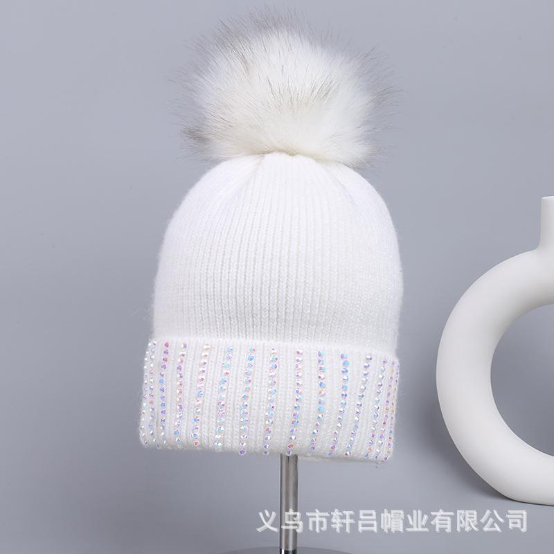 Autumn and winter rhinestone hairball knitted hat for men and women, piled and thickened cold-proof and warm wool hat, European and American outdoor p