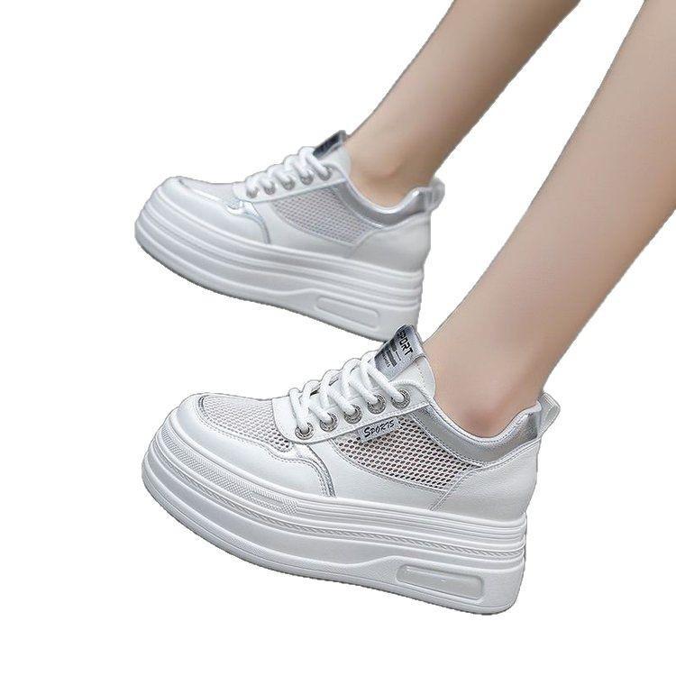 Platform white shoes women's 2025 autumn new small inner height increase women's shoes breathable mesh casual sports board shoes