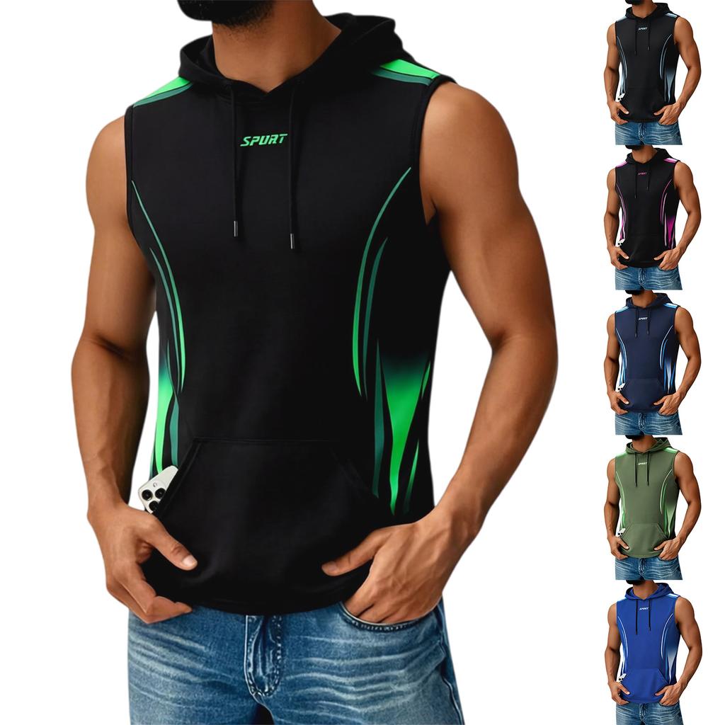 Herren Bedrucktes Kapuzentop Mit Taschen Herren Freizeit Sport Schnelltrocknendes Ärmelloses Top