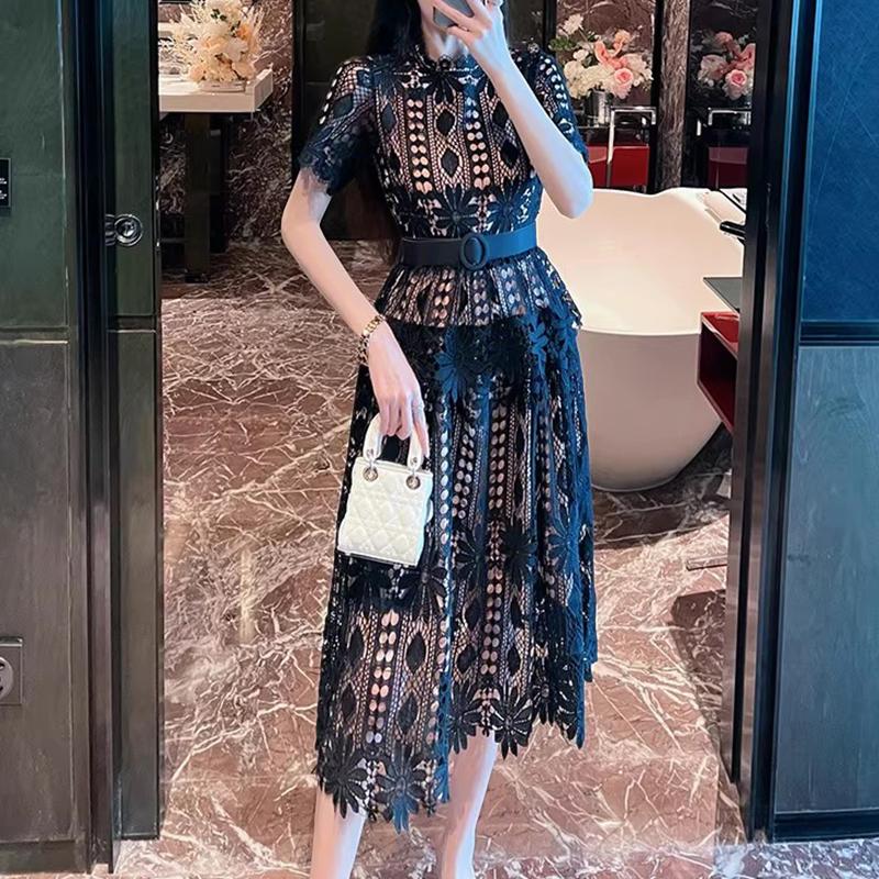 

ZANZEA Женское повседневное элегантное кружевное платье с воротником-стойкой и коротким рукавом для лета 4XL чёрный