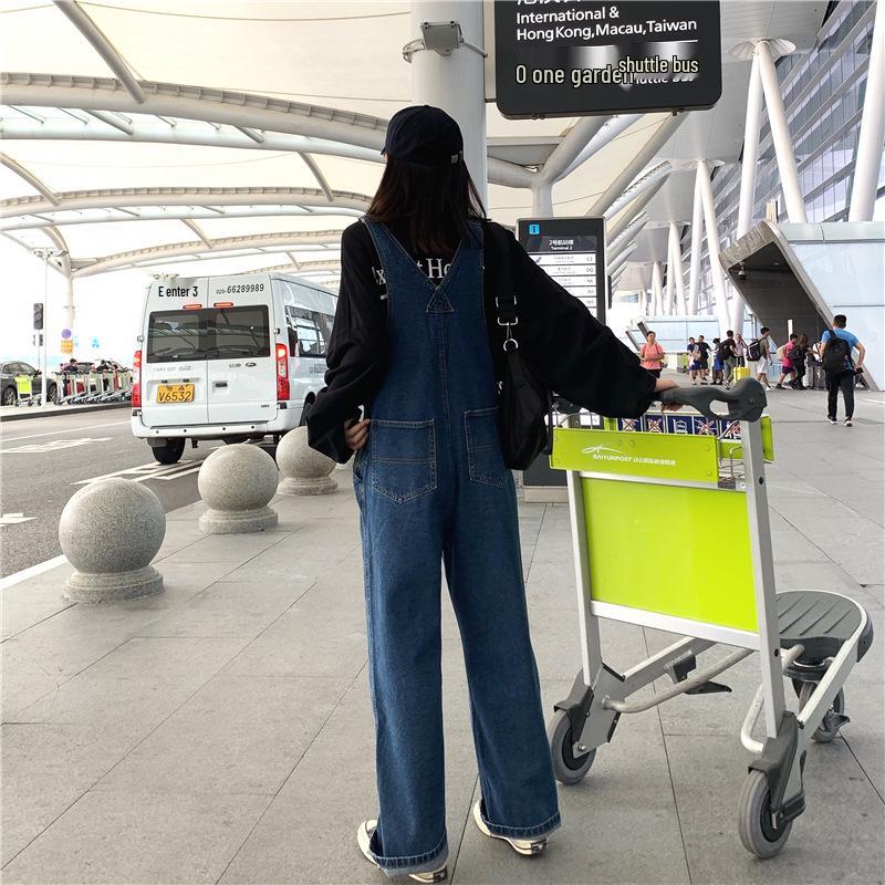 Women's High-Waisted Wide-Leg Denim Overalls - Korean Style, Age-Reducing, Loose Fit with Big Pockets for Spring and Autumn