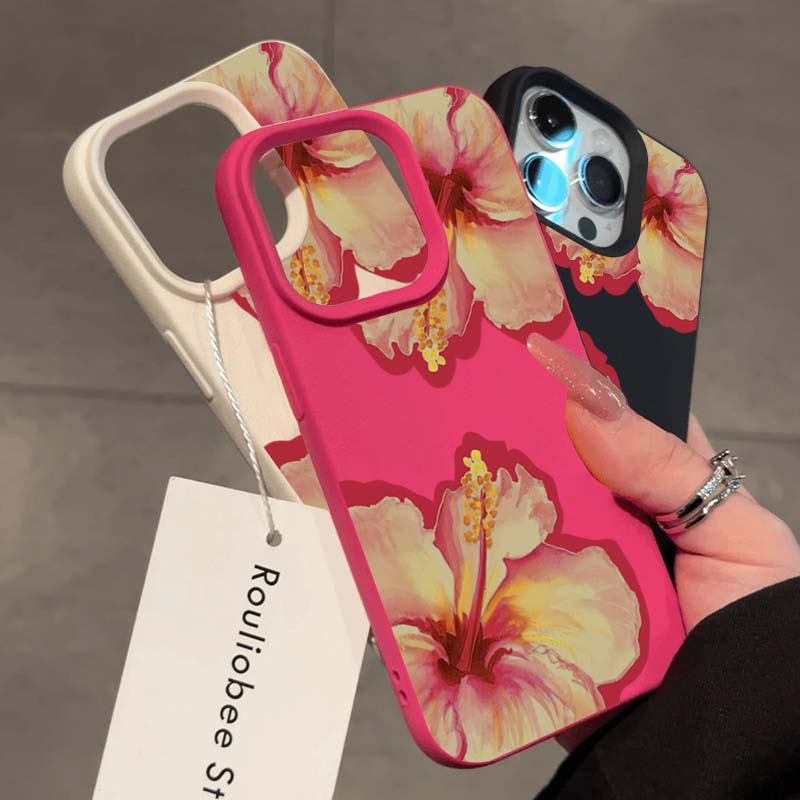 Elegant Pink Hibiscus Flower Lichee leather pattern Phone Case For iPhone 17 16e 16 15 14 13 12 11 Air Pro Max Plus X XR XSMax
