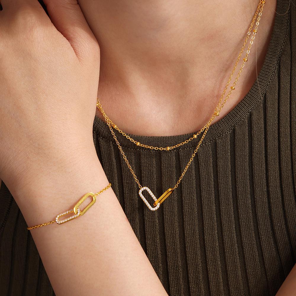 Qiong Yao Minimalist Zircon Stainless Steel Double Ring Necklace Bracelet Set - No Fading.