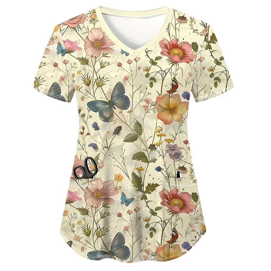V-Neck Pocket Cartoon Animal Print Care Workers T-Shirt Tops Clinic Working Clothing Women Short Sleeve Scrub Tops Nurse Uniform