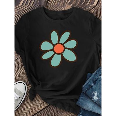T-shirt da Donna Happy Flowers con Fantasia Happy Flowers, Margherite Groovy, Casual Estiva, Top Moda Quotidiano da Donna