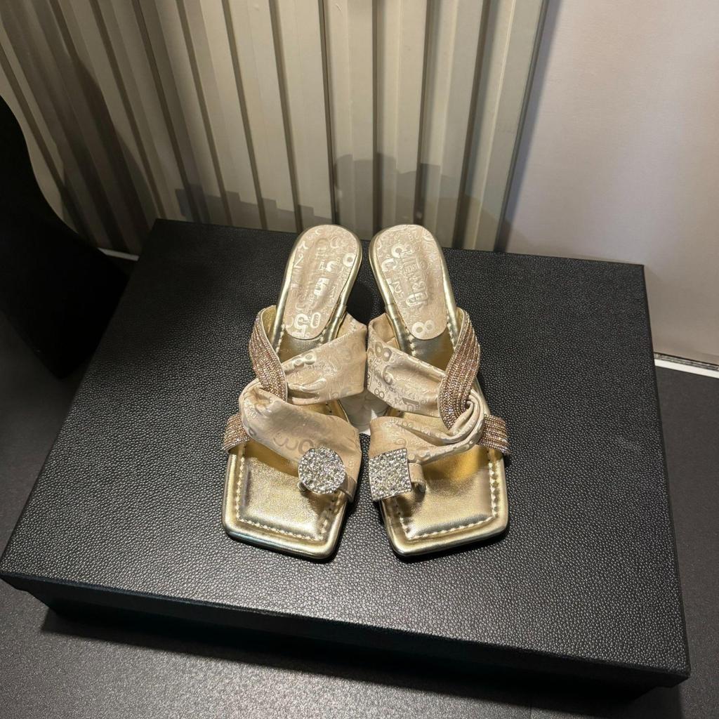 Fashion Hot Selling French Elegant Summer 2025 Women's High Heels Sandals Wear Diamond Studded Slip-On Shoes Rubber Sole Comfortable