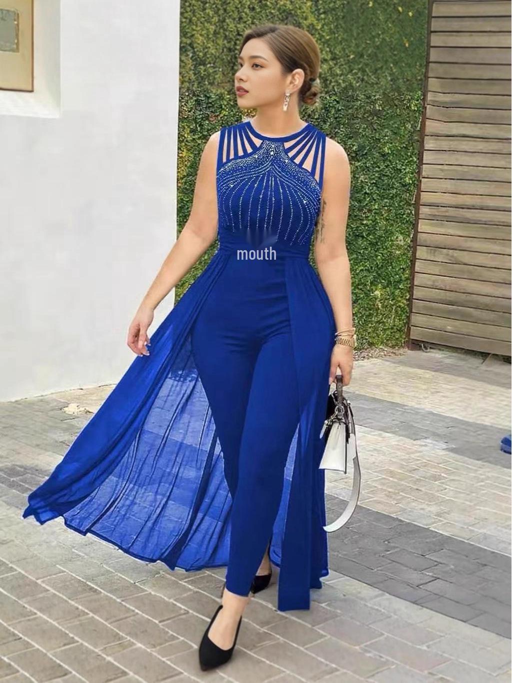 

2025 Women s Black Rhinestone Strappy Mesh Jumpsuit: Sleeveless, Waist-Cinching, Floor-Length Design L синій