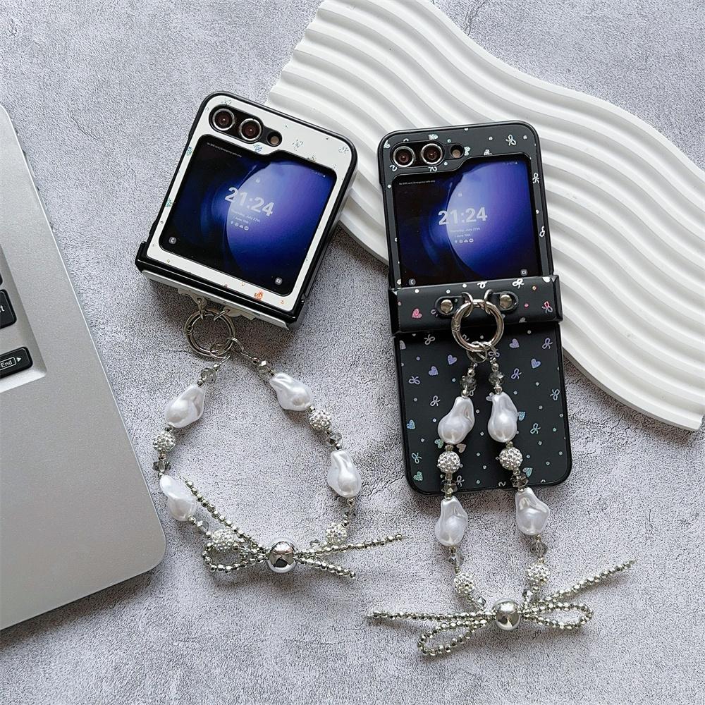 Cute Love Bowknot Phone Case with Wrist Strap For Samsung Galaxy Z Flip 6 5 4 3 Hard Plastic Hinge Protective PU Leather Cover