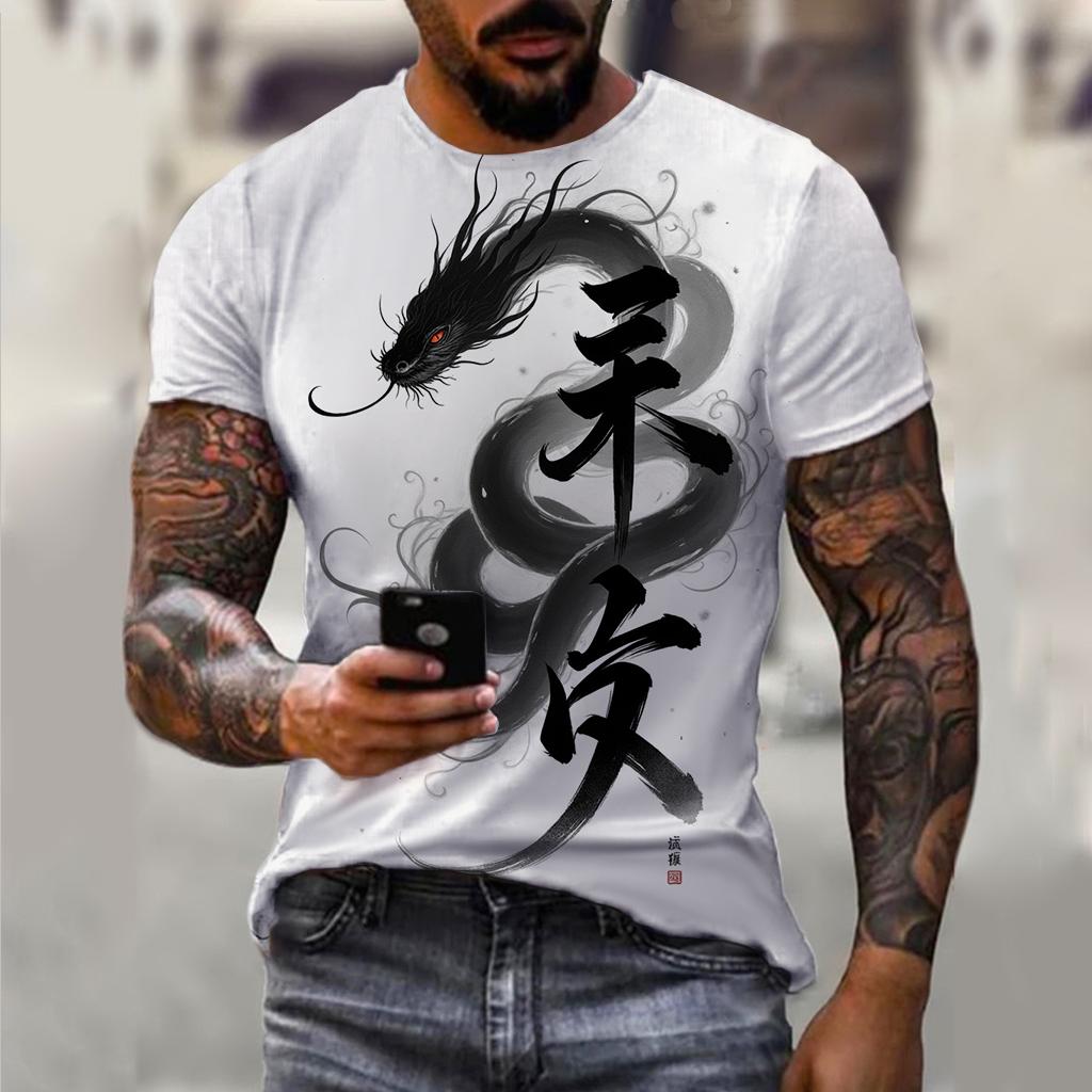 T-shirt décontracté à manches courtes pour homme imprimé 3D Année du Serpent du Nouvel An 2025 Confortable Respirant Imprimé Rétro