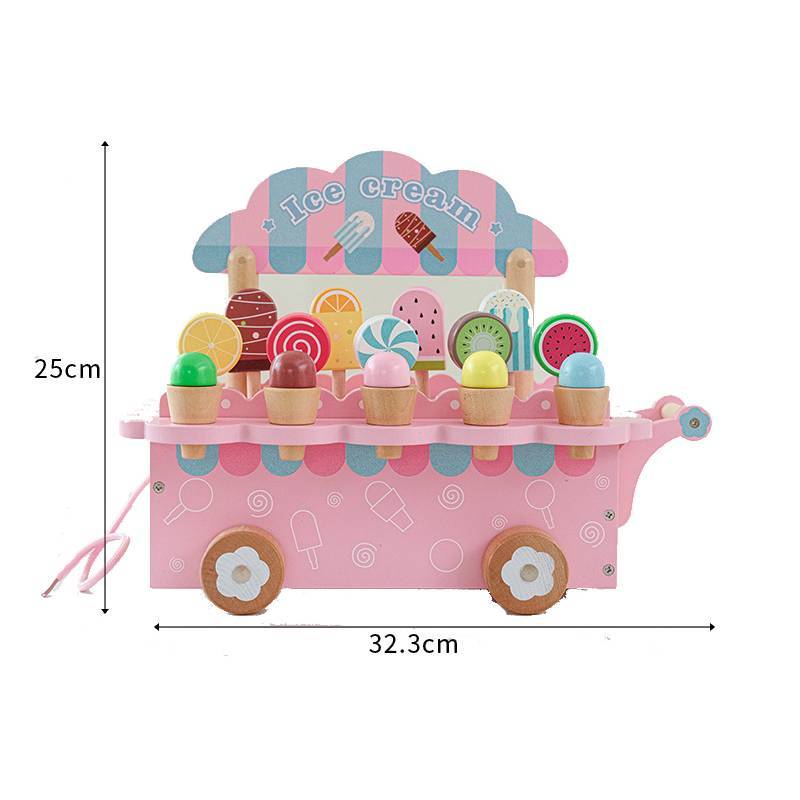 Wooden Ice Cream Cart Playset For Kids Educational Toy Pretend Role Play