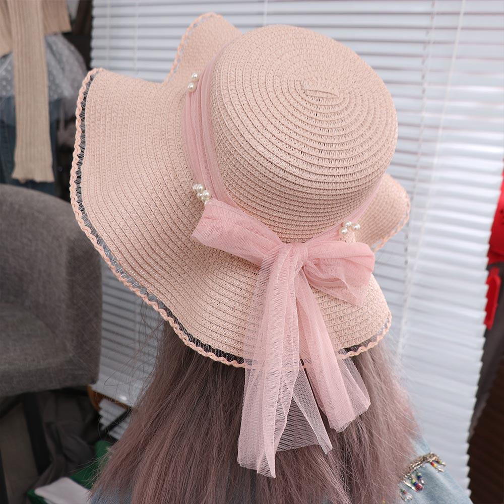 Spring Summer Lace Pearls Straw Hat French Style Women's Sun Hat Bow Ribbon Straw Hat  Girls