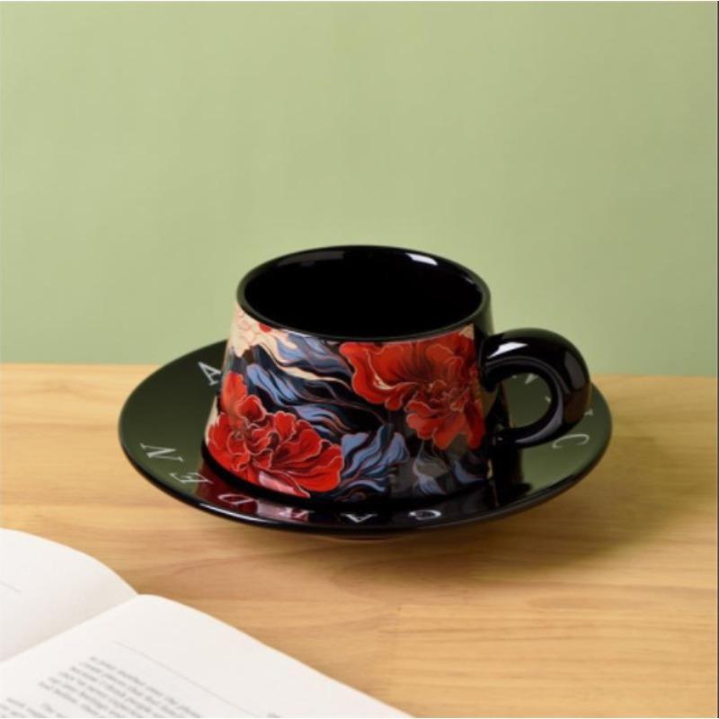 

Retro French Fresh Flower Cup and Saucer Ceramic Cup Office Coffee Cup and Saucer Set Niche High-end Light Luxury Souvenir 300-400ml