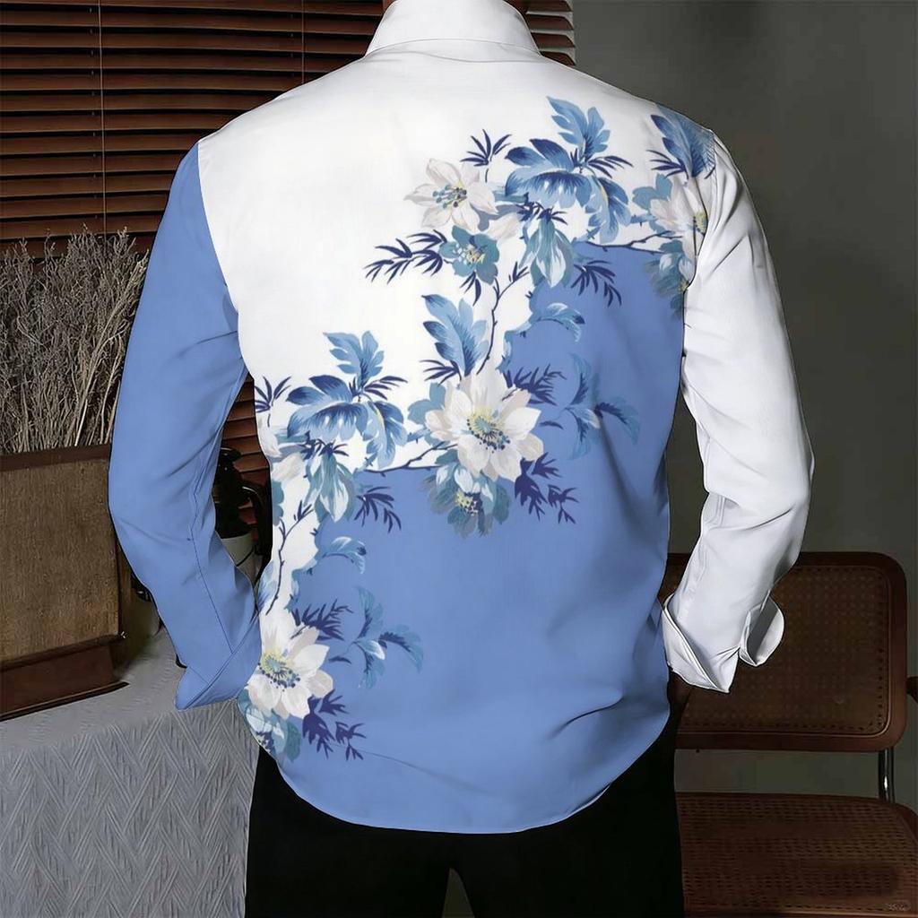 Chemise pour homme à col Base violette Imprimé floral mélangé coloré Manches longues Boutonnée Haut