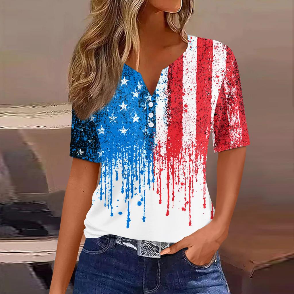 Women's T Shirt Independence Day Print Button Short Sleeve Daily Weekend Fashion Basic V- Neck Regular Top