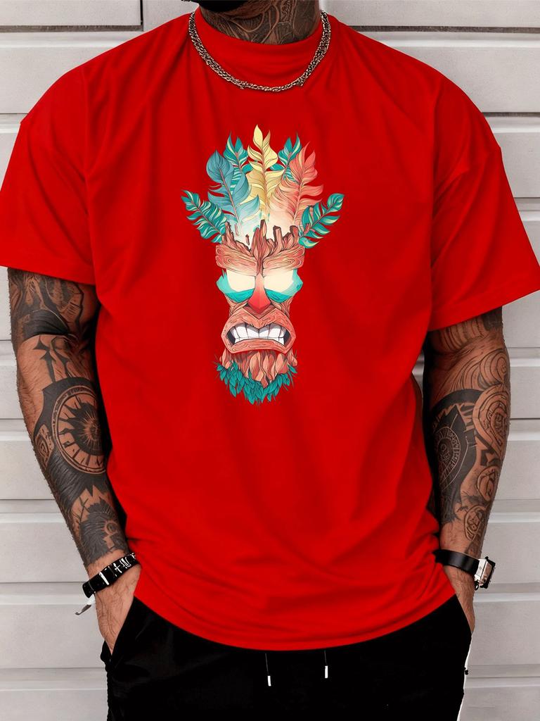 Unisex Summer Bright Blue Short Sleeve T Shirt Hawaiian Tiki Mask Palm Leaf Print Casual Streetwear Loose Male Daily Fashion Tops