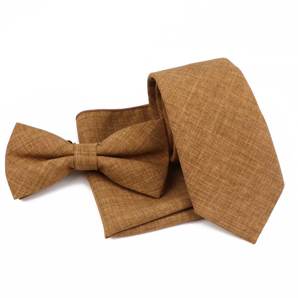 Men Fashion Solid Color Cotton Tie Bowtie Handkerchief Set Wedding Party Butterfly Necktie