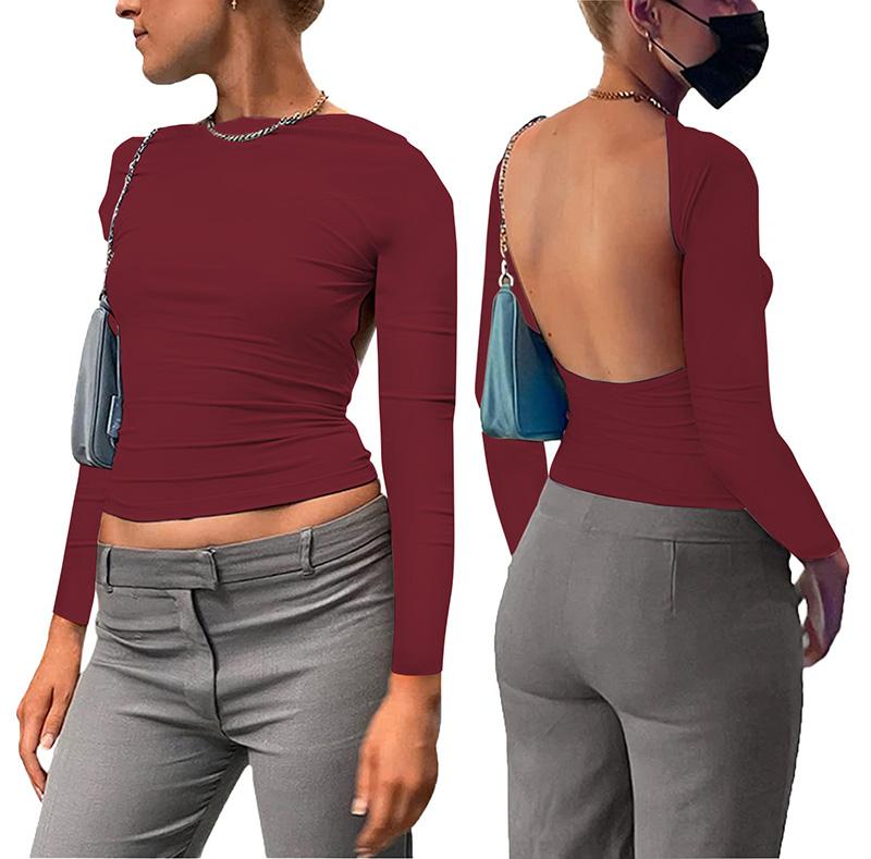 

Синий укороченный топ с открытой спиной и коротким рукавом Y2K, женские повседневные футболки с круглым вырезом, сексуальные винтажные футболки с вырезом L красный