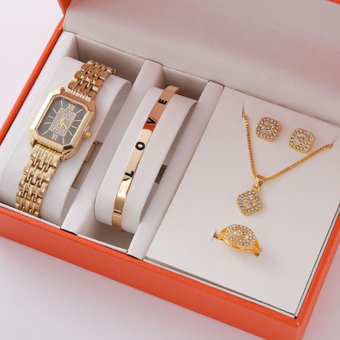 Popular Gift Set, Light Luxury Full Diamond Women'S Watch Necklace, Bracelet, Stud Earrings, And A Gift Box For Mother'S Day.