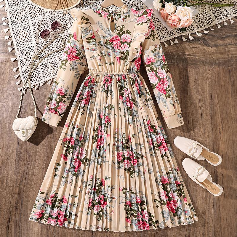 Modisches Mädchenkleid, Elegantes Herbst-Kinderkleid mit langen Ärmeln und geraffter Taille