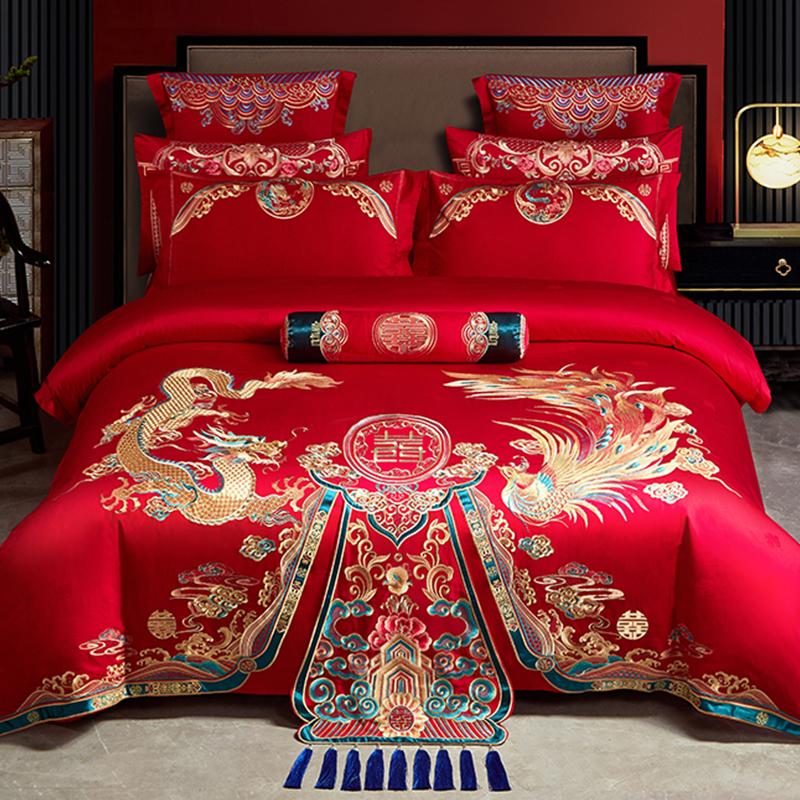 Comforter 100/140Ct Long-Staple Cotton Chinese-Style Wedding Festive 4-Pcs A Witness To Marriage And Love Home Decoration