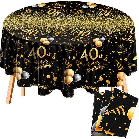 Oudain 3 Pack 50th/70th/80th Round Birthday Tablecloth Black and Gold Happy Birthday Party Decorations 84 inch Disposable Plastic Table Cover