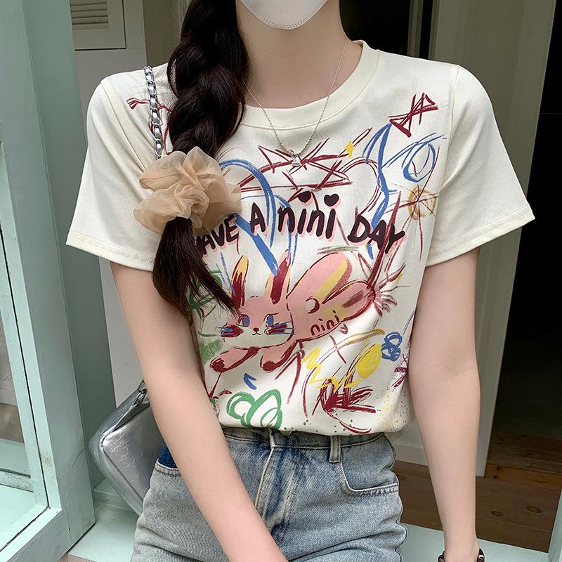 European Round Neck Graffiti Printed Letter Short-sleeved T-shirt Women's Summer New Slim and Thin Versatile Top Trendy