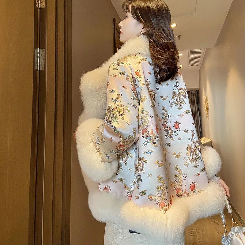 Châle Style Chinois Hivernel Fausse Fourrure Dragon Soie Phénix Image Cape Bouton Perle Chaud