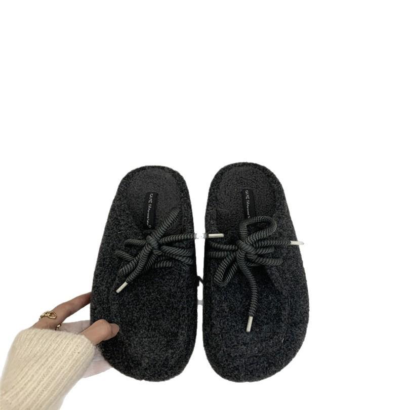 Retro Late Evening Wind Velcro Gray Felt Bag Head Half Slippers Women Wear Autumn and Winter Pedal Platform Shoes