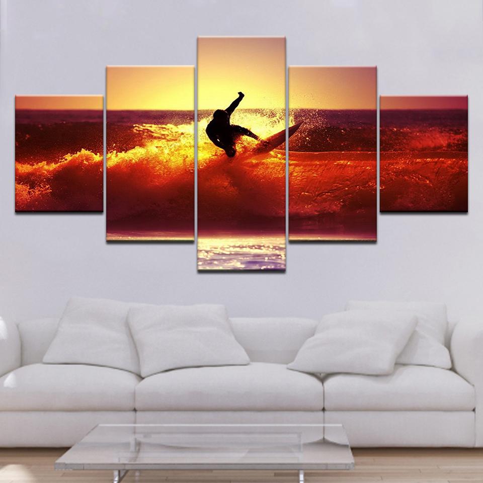 

Surfing on the sea golden sunset 5 Panels HD Print Wall Art modern Modular Poster art Canvas painting for Living Room Home Decor 20x35 20x45 20x55cm