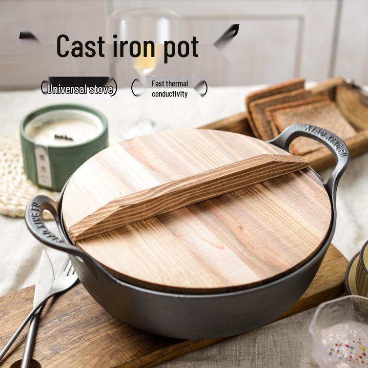 Thickened Cast Iron Yuanbao Pot - Multi-functional Double-handled Stew, Soup, and Frying Pan with Flat Bottom, No Chemical Coating.