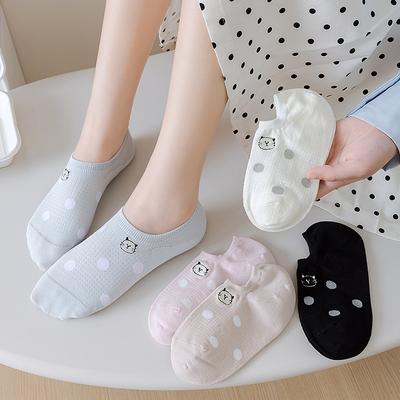 Chaussettes Bateau Invisibles Sans Os d'Été Fines à Pois Brodées Chatons à Col Bas Antidérapantes pour Femmes