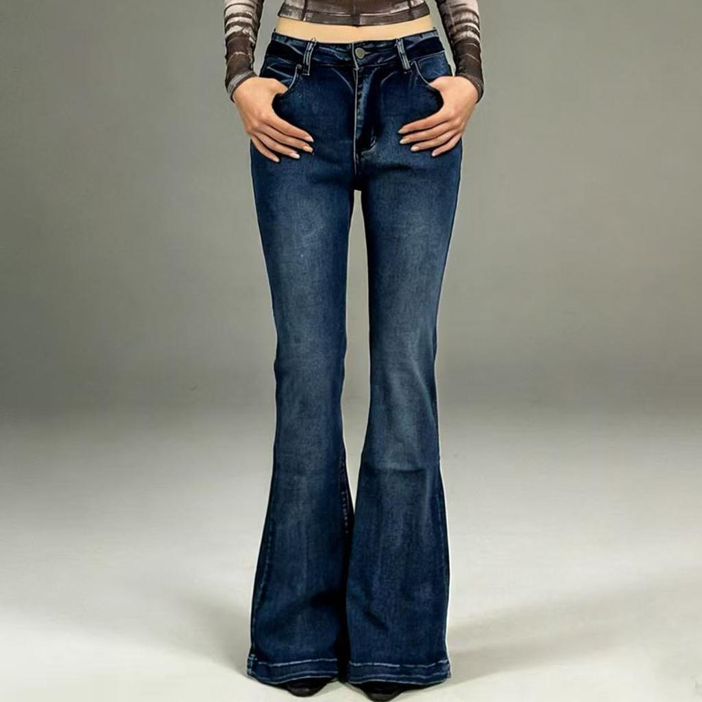 Women's Mid- Stretch Jeans Fashion Straight Leg Denim Pants With Pockets