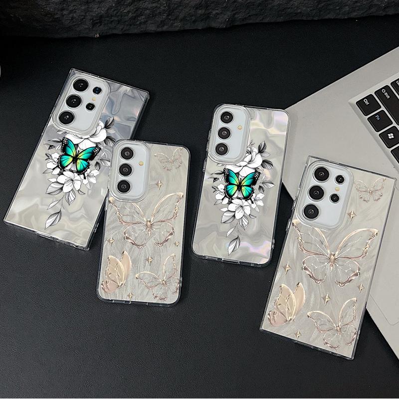 Butterfly Print Sparking Slim Phone Case For Samsung S25 Ultra S24 FE S23 A16 A56 A36 A55 TPU Clear Soft Edge Shockproof Glitter Hard PC Back Cover