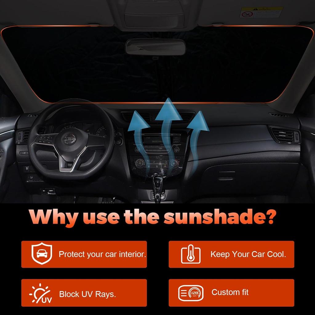 Windshield Sun Shade Compatible With Nissan Rogue 2014- Accessories, 240T Foldable Window Sunshade Sun Visor Protector, Blocks UV Rays Keep Your Car