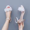 Women Pump Sexy Wedding Prom Sandals Buckle Strap PU 5CM Thin Heel Lace Flower Bridal Wedding Shoes Light Mouth White Women Shoe