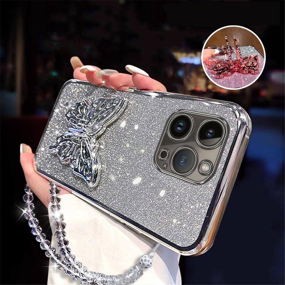 Luxury Butterfly Phone Holder Crystal Bracelet Case For Samsung S25 S24 S23 Ultra S21 S22 Plus S20 FE S10 Glitter Plating Cover