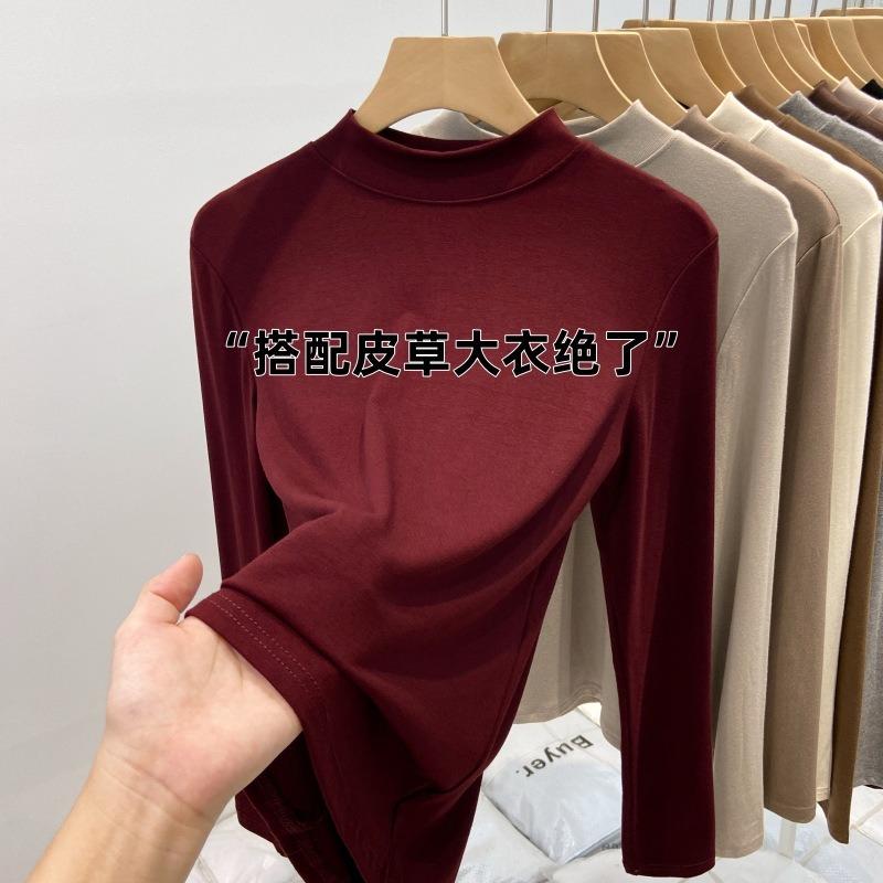 Warm polished small stand-up collar bottoming shirt for women's spring slim-fit long-sleeved T-shirt thin velvet basic top