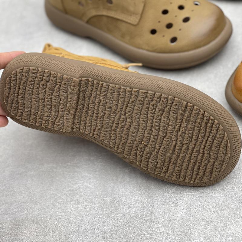 Johnature Retro Genuine Leather Hollow-out Boots Round Toe Flat Elastic Lace-up Soft Cowhide Women's Sandals