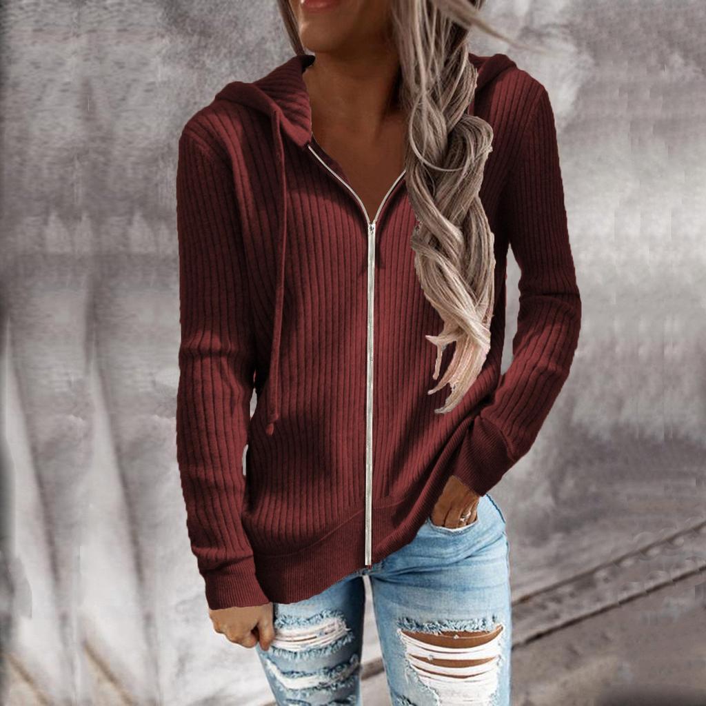 Langarm-Cardigan mit offener Vorderseite für Damen, lässiger Strick-Sweatshirt-Mantel mit Kapuze und Reißverschluss