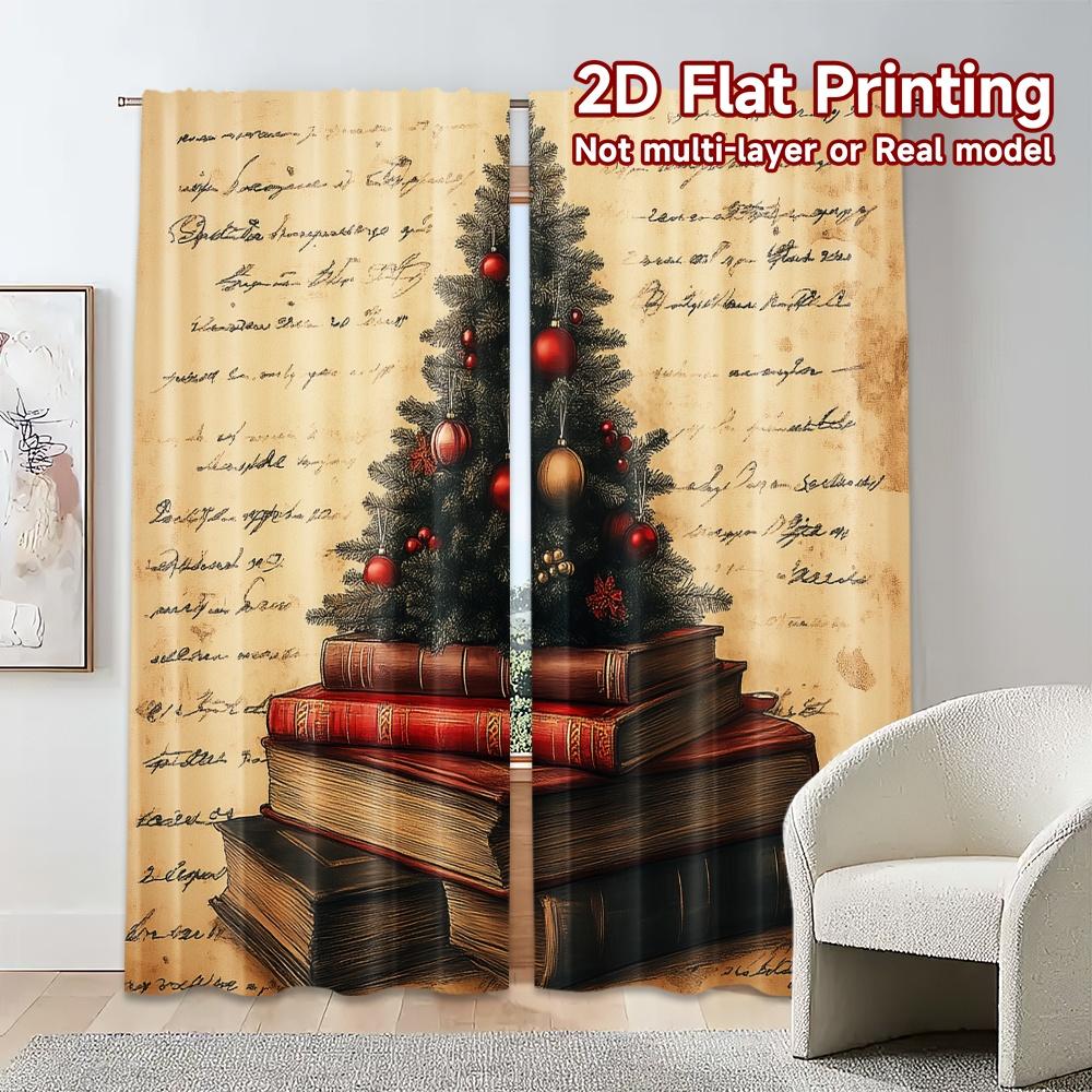 2pcs,Curtains Christmas Tree Books Festive Creative Popular Curtains Versatile Polyester Fabric Curtains All Seasons Ldeal for