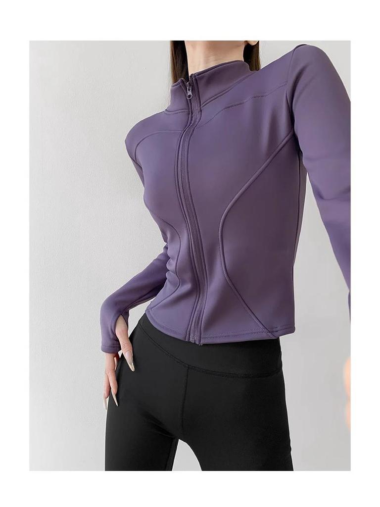 Women's Velvet Plus Long Sleeve Fitness Jacket - Slimming Stand Collar Yoga Top