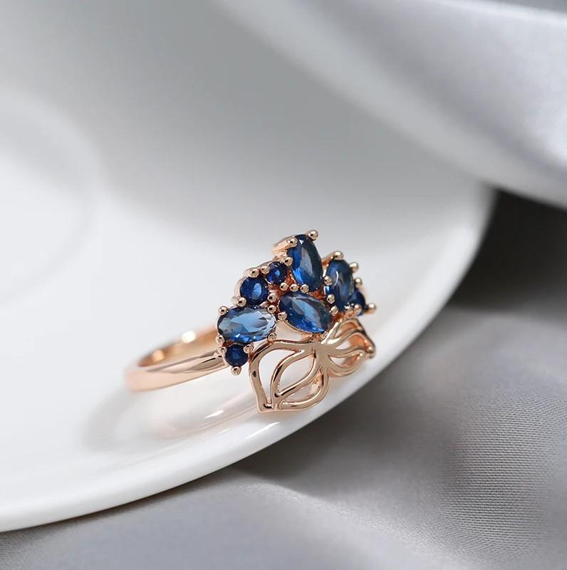 Blue Natural Zircon Ring For Women Luxury  Rose Gold Color Crystal Flower Bride Party Accessories Vintage Jewelry