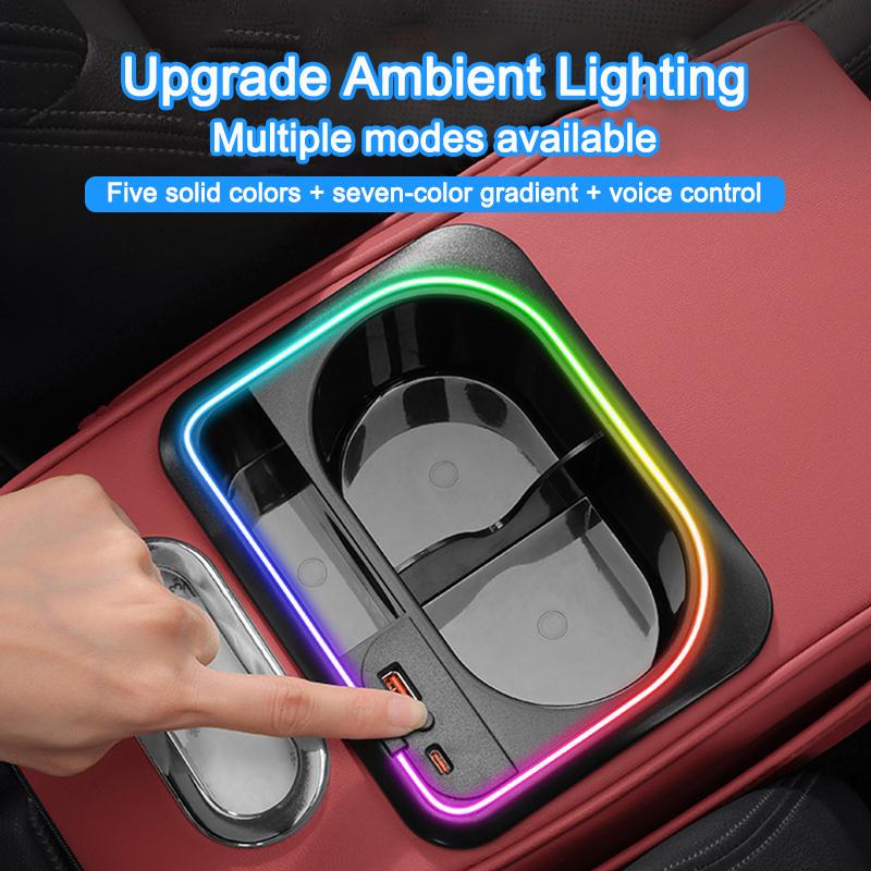 Car Armrest Cushion Leather Center Console Cover LED Ambient Lighting,with Storage Bags Phone Slot Charging Port Tissue Holder