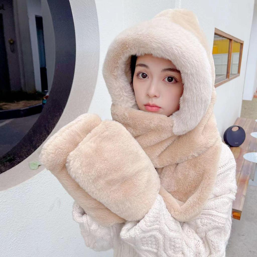 Women's Plush Winter Hat, Scarf, and Gloves Set - Warm, Cold-Proof, Ear Protection, Neck Warmer