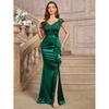 Lace Beaded Satin Mermaid Evening Gown V-Neck Ruffle Side Slit Long Dress Party