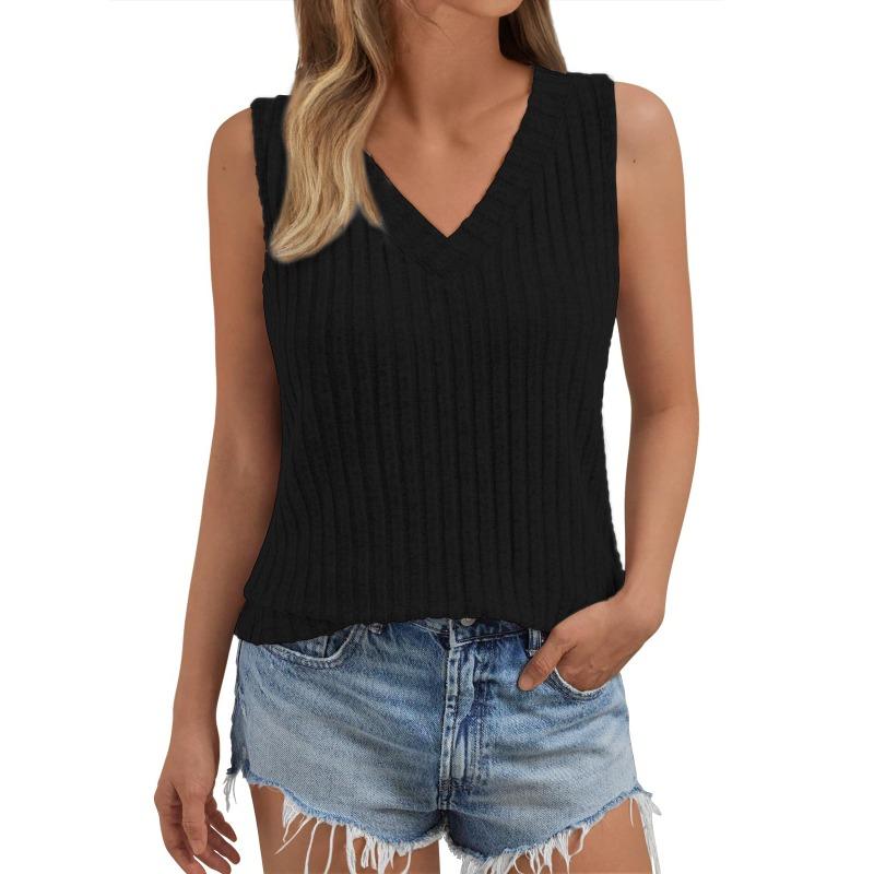 New Sleeveless Knitted Large-V-neck Solid-color Striped Pull-top Vest