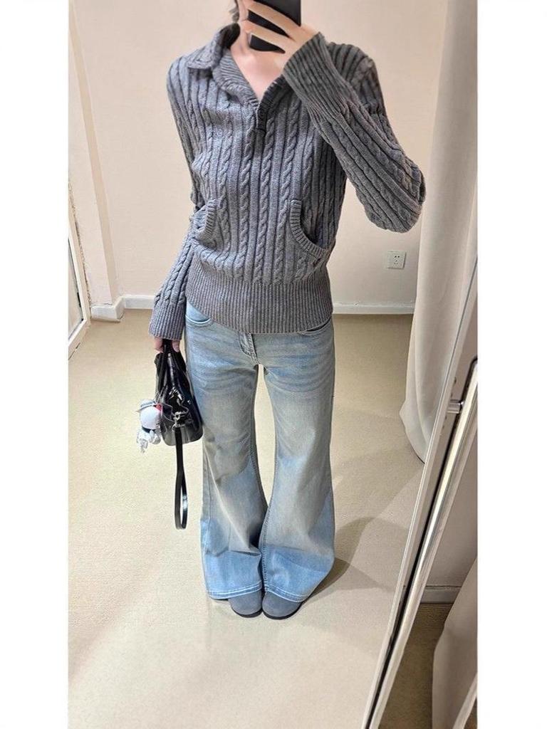 Women's Light Blue Low-Waist Micro-Flare Jeans: Slimming, Flattering, Wide-Leg, Floor-Length Pants for Autumn